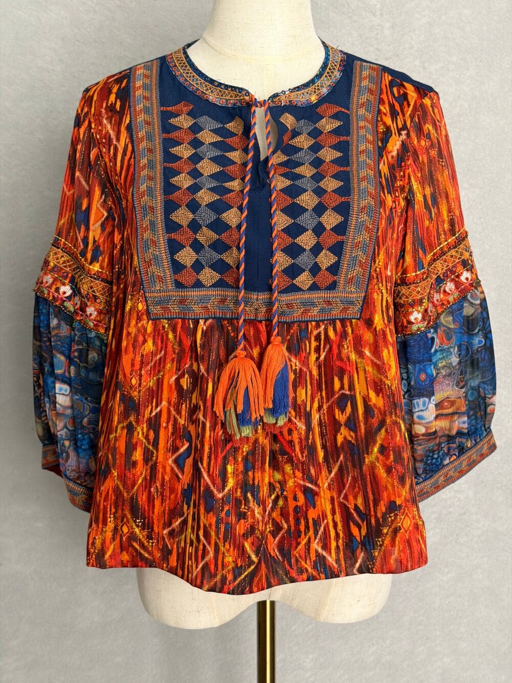 John Mark Embroidered Top Front Tie 3/4 Sleeves Autumn Hues Women's PM NEW